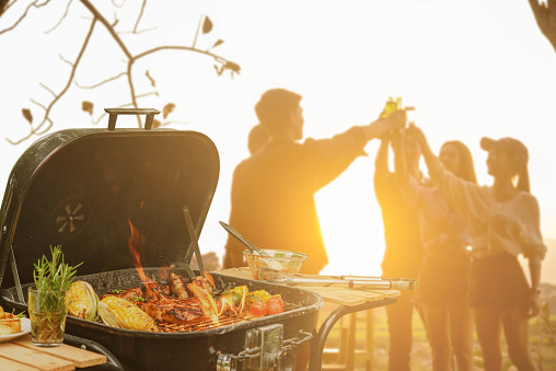 Group of six teenagers having fun on barbecue party