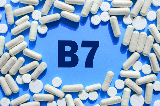 Vitamin B7 text in white capsules frame on blue background. Pill with Biotin frame. Dietary supplements and medication