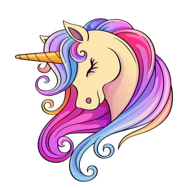 ilustraciones, imágenes clip art, dibujos animados e iconos de stock de lindo cabeza de unicornio de dibujos animados con melena arco iris - unicornio cabeza