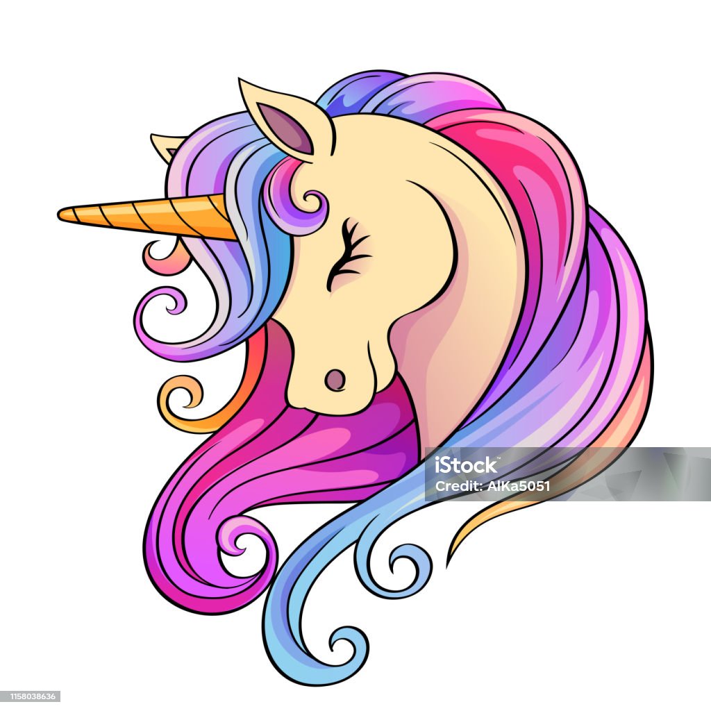 Cute Cartoon Unicorn Head With Rainbow Mane Stock Illustration - Download  Image Now - Unicorn, Head, Vector - iStock