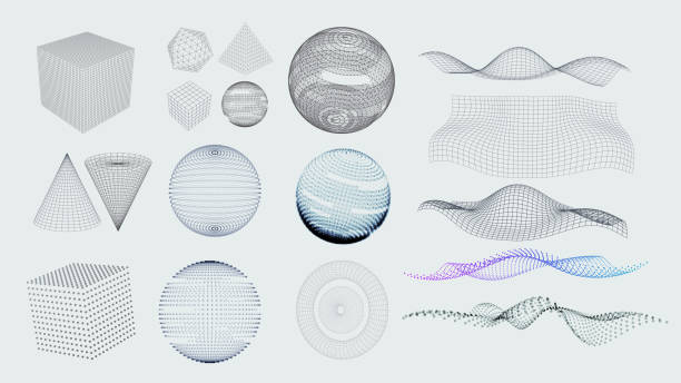 Set of 3D Elements Set of 3D Elements - particles, lines and blocks wire mesh illustrations stock illustrations