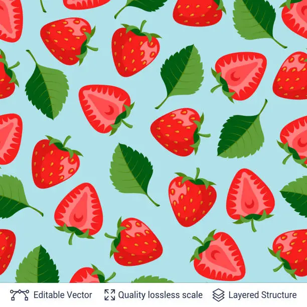 Vector illustration of Seamless pattern of strawberries and green leaves.