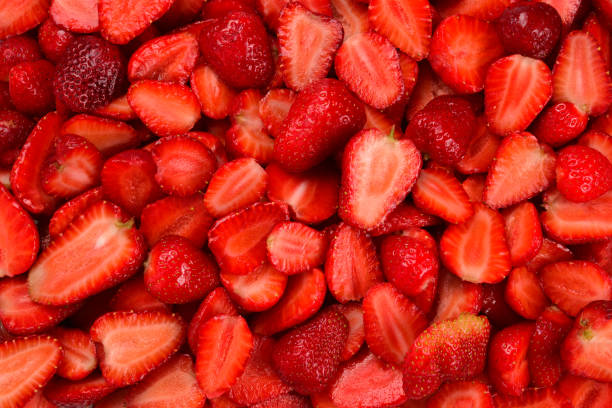 istock Strawberry slices. Fresh berries macro. Fruit background. Top view. 1158039645