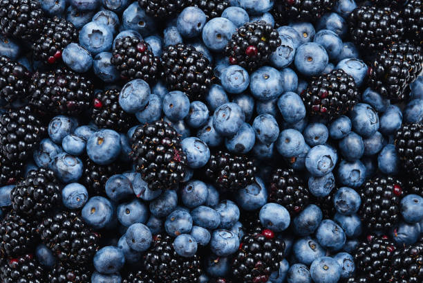 istock Blackberry and  blueberry background. Top view. 1158039679
