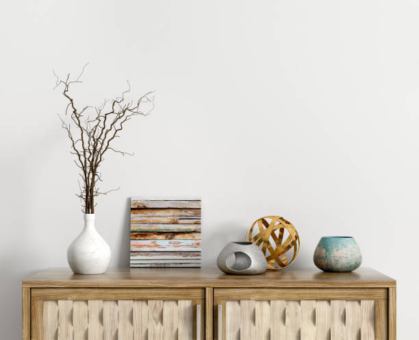 credenza con decorazione d'interni rendering 3d - sideboard foto e immagini stock