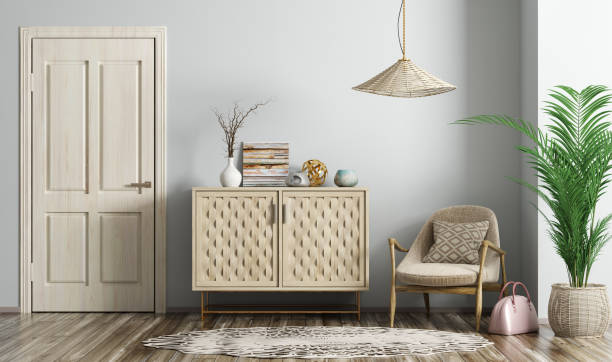 istock Modern living room interior with door and armchair 3d rendering 1158041832