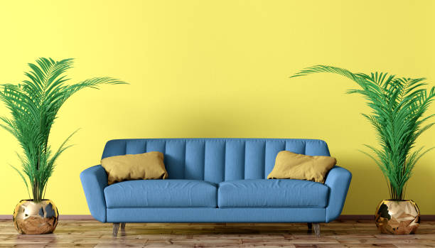 istock Modern interior of living room with blue sofa and palms 3d rendering 1158041880