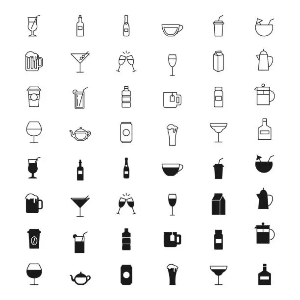 Vector illustration of Drinks silhouettes and outline icons set