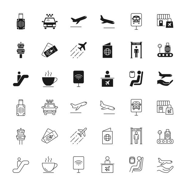 Airport black silhouettes and outline icons set Airport black silhouettes and outline icons set airport icons stock illustrations