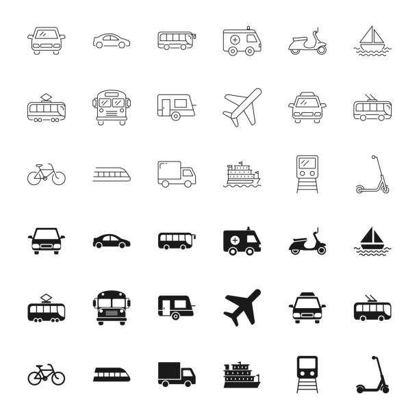 transportsilhouetten und umrisssymbole gesetzt - trolleybus stock-grafiken, -clipart, -cartoons und -symbole