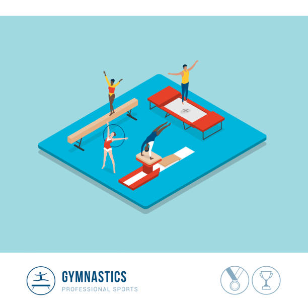 Professional sports competition: gymnastics Professional sports competition: gymnastics, athletes performing with balance beam, vault and trampoline acrobatic gymnastics stock illustrations