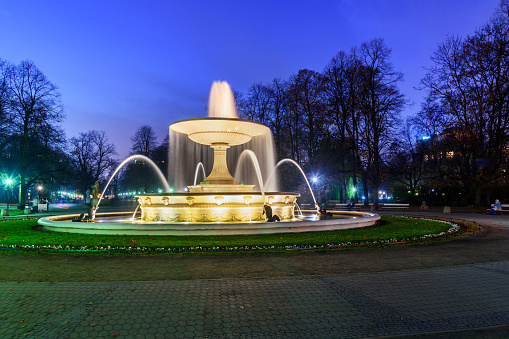 Fountain in the Saxon Garden at night in Warsaw. Poland