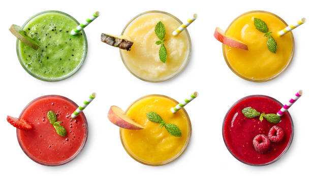 Set of various fresh fruit smoothies Set of various fresh fruit smoothies isolated on white background. Top view smoothie stock pictures, royalty-free photos & images