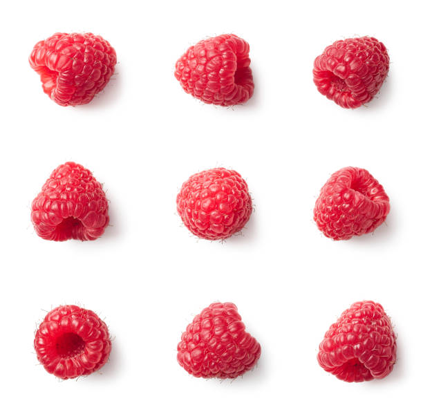 set of various raspberries isolated on white background - framboesa imagens e fotografias de stock