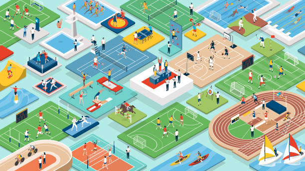 международные соревнования по спорту и спортсменам - sports event illustrations stock illustrations