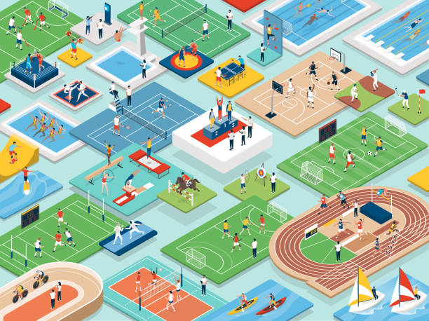Sports and athletes international competition Sports and international competitions: multiethnic professional athletes and teams performing together, isometric people, fields and equipment sports field stock illustrations