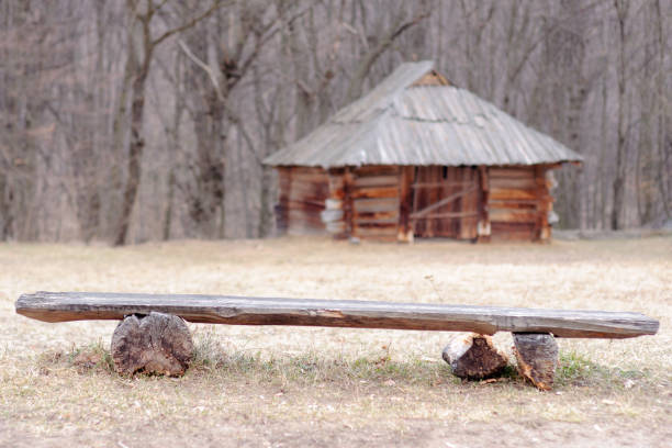 istock Bench before an antique hut with a straw roof 1158052472