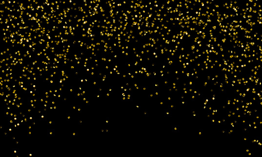Vector gold glitter particles background effect for luxury greeting rich card. Golden rain isolated on black background. Sparkling glitter border.