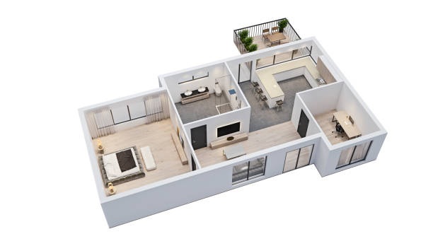 conception intérieure moderne, plan d'étage isolé avec les murs blancs, plan d'appartement, maison, meubles, isométrique, vue de perspective, rendu 3d - plan au sol photos et images de collection