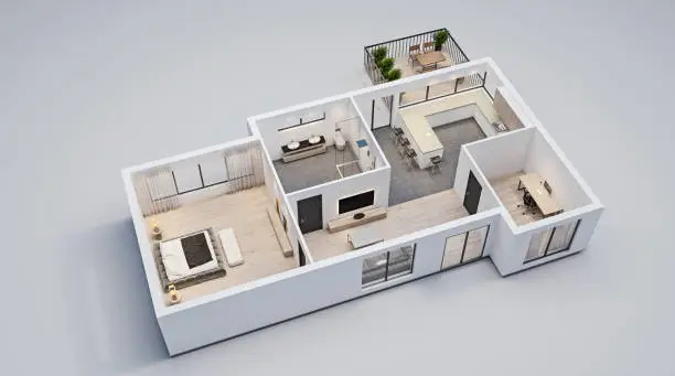 modern interior design, isolated floor plan with white walls, blueprint of apartment, house, furniture, isometric, perspective view, 3d rendering