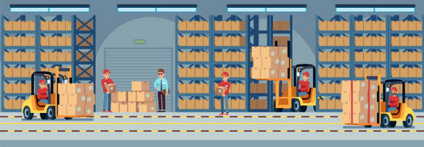Warehouse interior. Industrial factory worker working in stockroom of storehouse. Forklift and delivery truck vector logistic concept Warehouse interior. Industrial factory worker working in stockroom of storehouse. Forklift and delivery truck with loader and wooden container in large hangar vector logistic concept clothes hanger storage stock illustrations