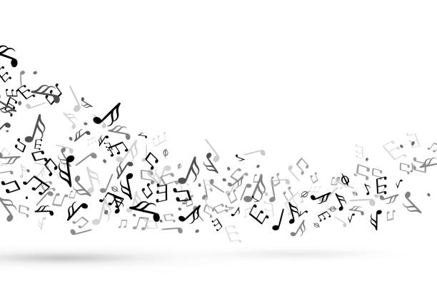Music notes swirl. Wave with notes musical stave key harmony, symphony melody flowing music staff treble clef vector background Music notes swirl. Wave with notes musical stave key harmony, symphony melody flowing music staff treble clef. Tuning swirling decoration vector background music backgrounds stock illustrations