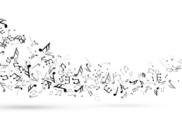 Music notes swirl. Wave with notes musical stave key harmony, symphony melody flowing music staff treble clef vector background Music notes swirl. Wave with notes musical stave key harmony, symphony melody flowing music staff treble clef. Tuning swirling decoration vector background bass guitar wallpaper stock illustrations
