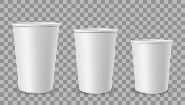 White paper cups. Cup for drinks, lemonade juice coffee tea ice cream container in different size. Empty 3d realistic vector mockup White paper cups. Cup for drinks, lemonade juice coffee tea ice cream container in different size. Empty 3d realistic plastic or cardboard takeaway disposable cup vector mockup small plastic cup stock illustrations