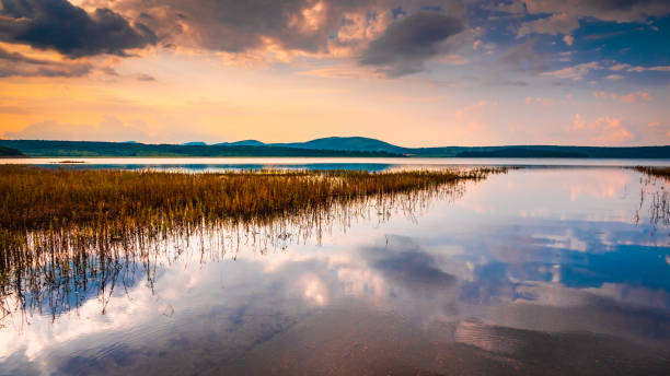 istock Calm lake reflections at sunset 1158060528