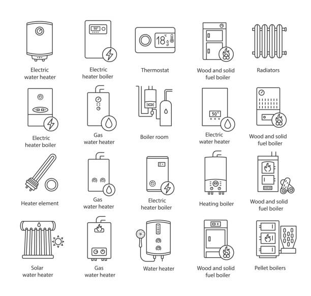 Heating icons Heating linear vector icons. Thin line. Boilers, radiators, thermostat. Gas, electric, solid fuel, pellet, solar boilers.  Editable stroke boiler stock illustrations