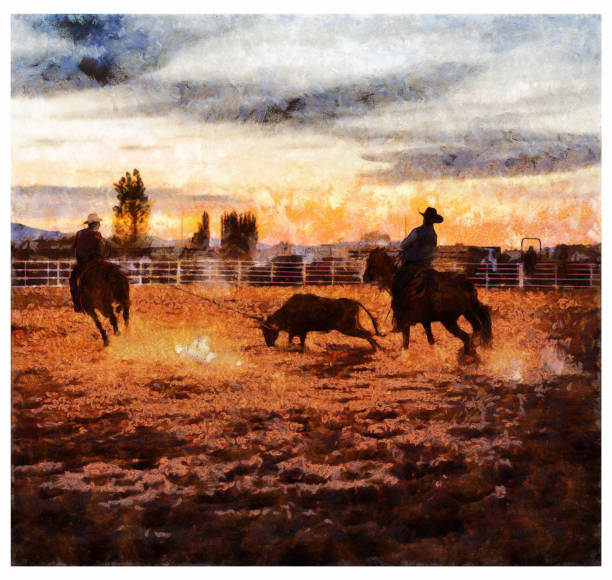 팀 로데오 액션 - 디지털 사진 조작 - illustration and painting animal cowboy horse stock illustrations