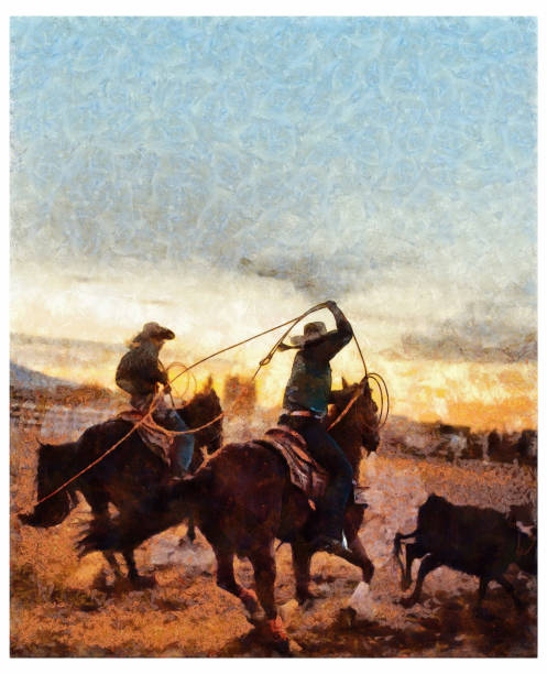 illustrazioni stock, clip art, cartoni animati e icone di tendenza di azione rodeo di squadra - manipolazione fotografica digitale - illustration and painting animal cowboy horse