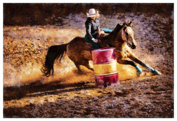 젊은 카우걸 배럴 경주 로데오 - 디지털 사진 조작 - illustration and painting animal cowboy horse stock illustrations