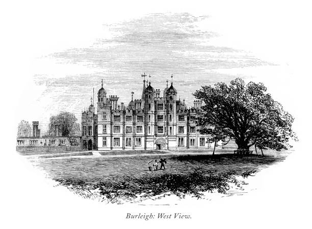 illustrations, cliparts, dessins animés et icônes de gravure victorienne anglaise, burleigh hall, west view, leicestershire, angleterre, 1875 - comté de northampton midlands