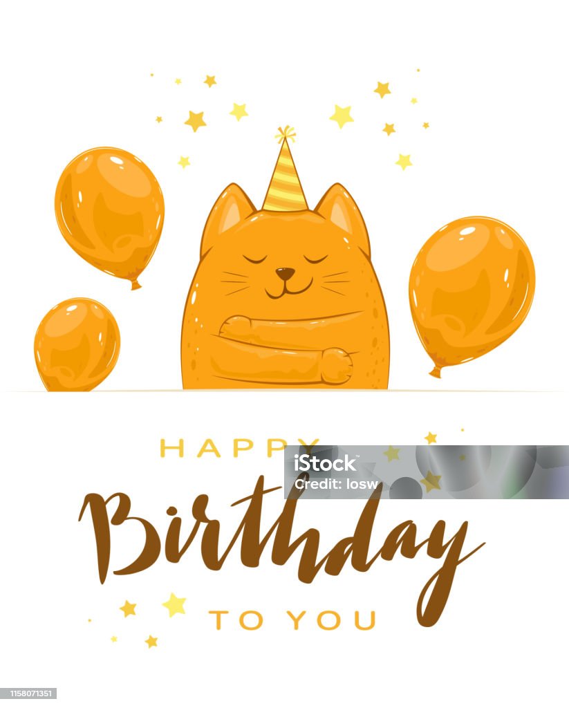 Kitty with Balloons and Lettering Happy Birthday Birthday greeting card in cartoon style. Happy kitty in party hat with balloons and lettering Happy Birthday and stars. Can be used for card, children's clothing design, t-shirts, illustration. Animal stock vector