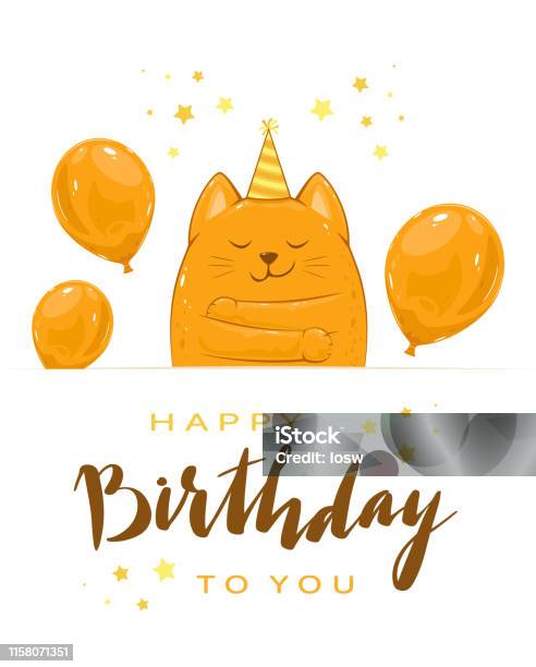 Kitty With Balloons And Lettering Happy Birthday Stock Illustration - Download Image Now - Animal, Animal Body Part, Animal Head