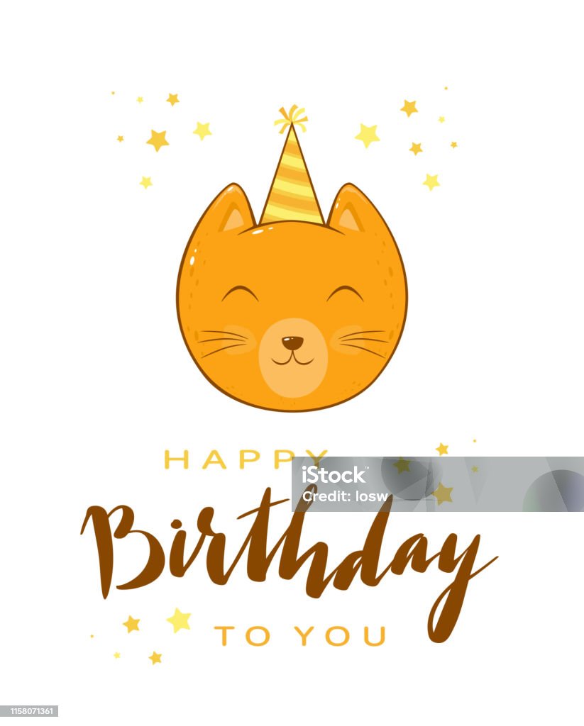 Kitty Head with Lettering Happy Birthday Birthday greeting card in cartoon style. Head of kitty in party hat with lettering Happy Birthday and stars. Fun animal isolated on white background, can be used for card, postcard, children's clothing design, t-shirts, illustration. Animal stock vector