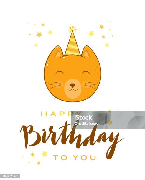 Kitty Head With Lettering Happy Birthday Stock Illustration - Download Image Now - Animal, Animal Body Part, Animal Head