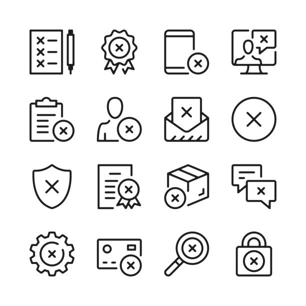 Reject line icons set. Modern graphic design concepts, simple linear outline elements collection. Thin line design. Vector line icons Reject line icons set. Modern graphic design concepts, simple linear outline elements collection. Thin line design. Vector line icons rejection icon stock illustrations