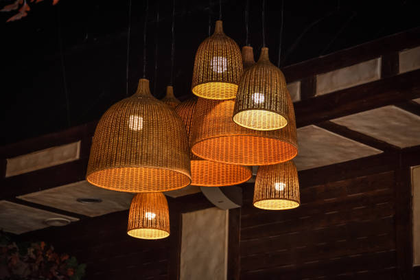 wicker lamps on the ceiling, handmade chandelier, decorative lamps