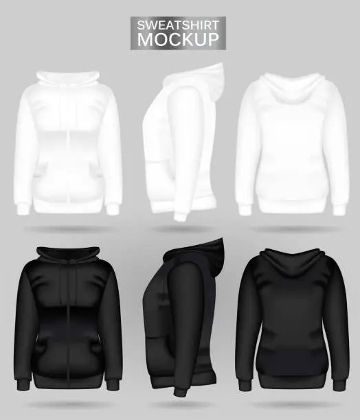 Vector illustration of Blank women's white and black sweatshirt hoodie in front, back and side views. Realistic female clothes