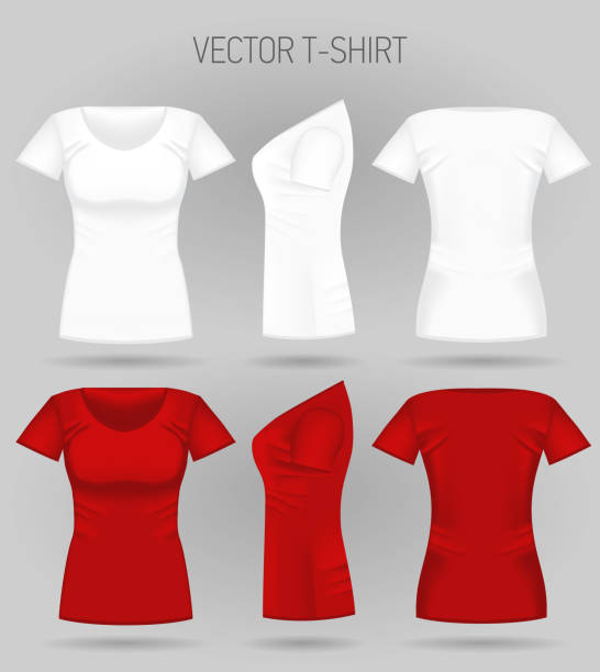 istock Blank women's white and red t-shirt in front, back and side views. Realistic female sport shirts 1158076392