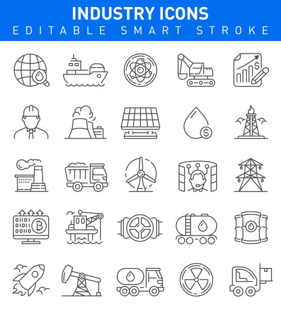 Industry Icons. Editable vector stroke Industry vector icons with nuclear, transportation, sun battery and business symbols tanker stock illustrations
