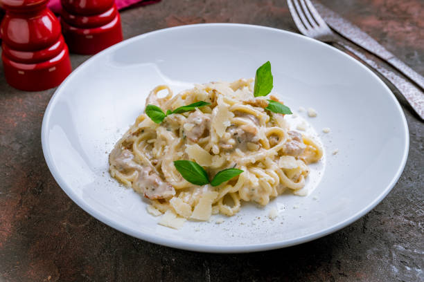 istock Spaghetti Carbonara with bacon on white plate 1158078292
