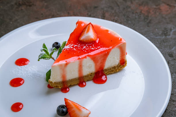 istock Classic cheesecake with strawberry and sause on white plate 1158078307