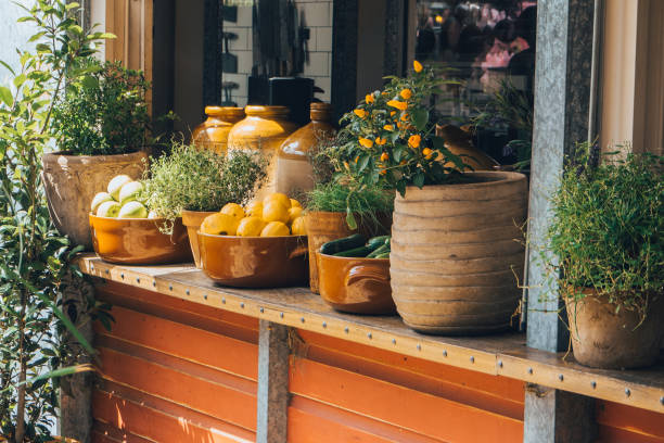 Fresh fruits and herbs on a decorated table