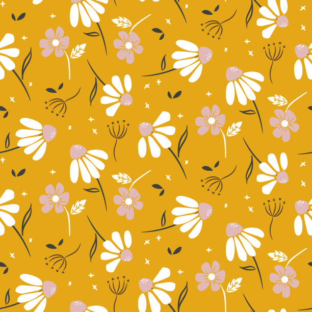ромашка горчицы желтые цветы современный узор бесшовные вектор текстуры. - chamomile plant chamomile blooming flower stock illustrations