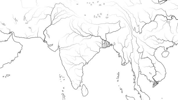 ilustrações, clipart, desenhos animados e ícones de mapa de mundo da região de ásia do sul e do subcontinente de india: paquistão, india, himalayas, tibet, bengal, ceilão, oceano índico e subcontinent de hindustan. carta geográfica com litoral e rios oceanic. - india map sri lanka pakistan