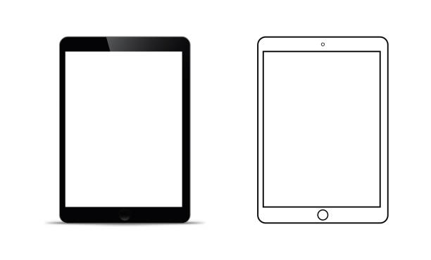 ilustrações, clipart, desenhos animados e ícones de mockup na frente de um tablet preto que parece realista com uma tela em branco transparente. - apple ipad