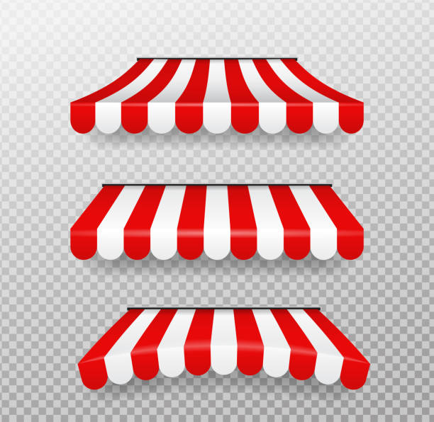 illustrations, cliparts, dessins animés et icônes de parasols rouges et blancs pour les magasins vecteur d'isolement sur fond transparent. - store extérieur